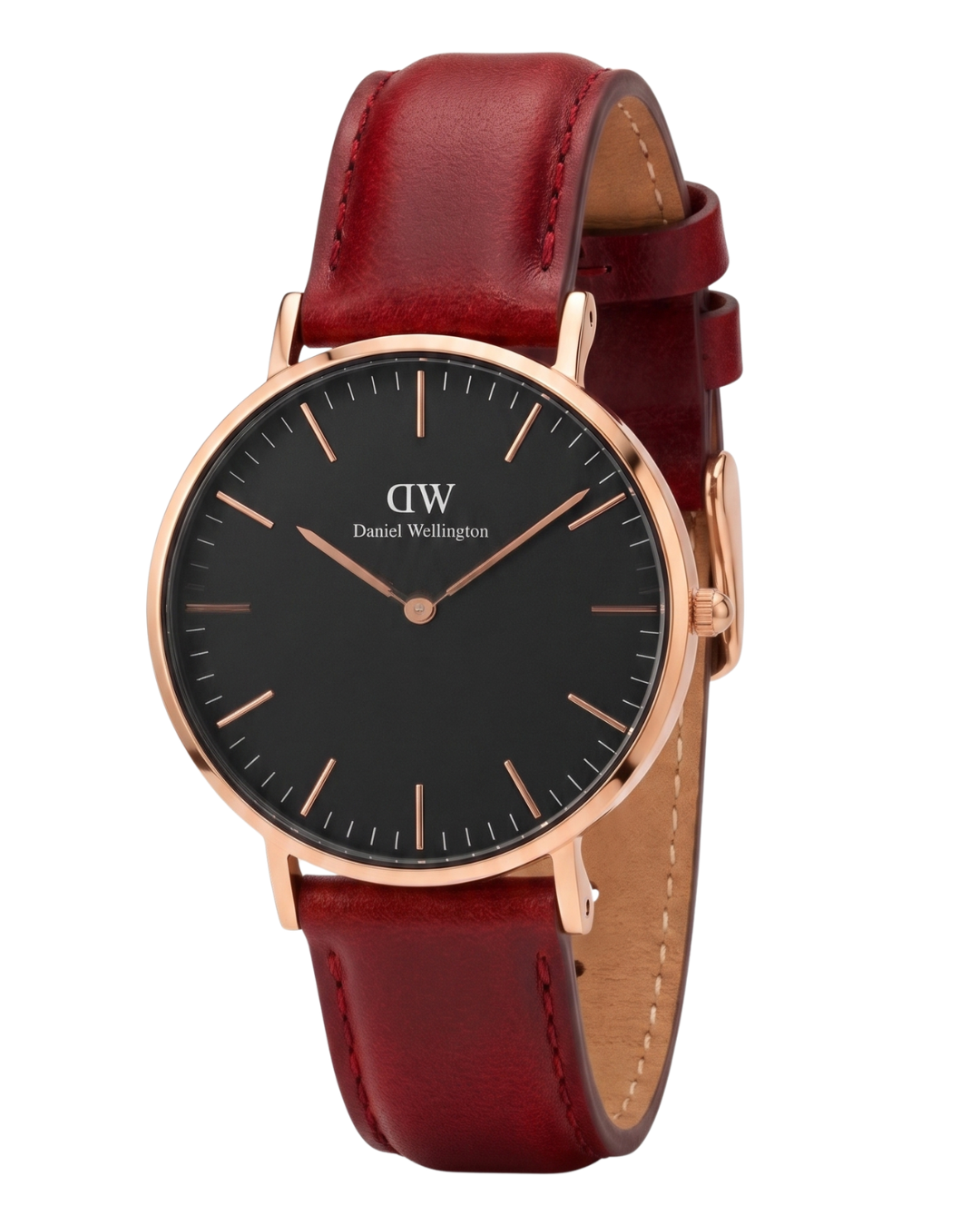 Daniel Wellington St. Mawes watch on wrist with red genuine leather Bondi strap