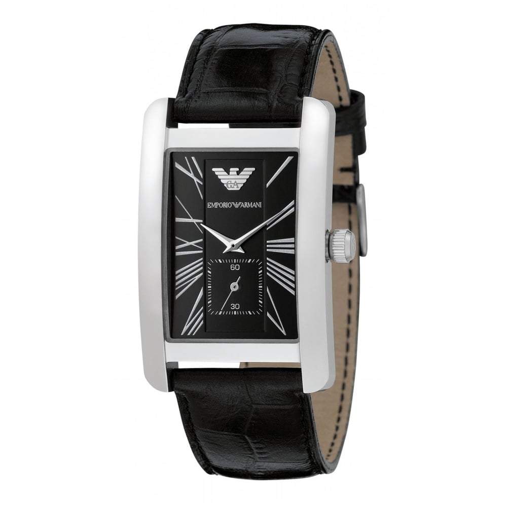 Emporio Armani AR0143 watch at angle showing silver case, black dial, and leather strap