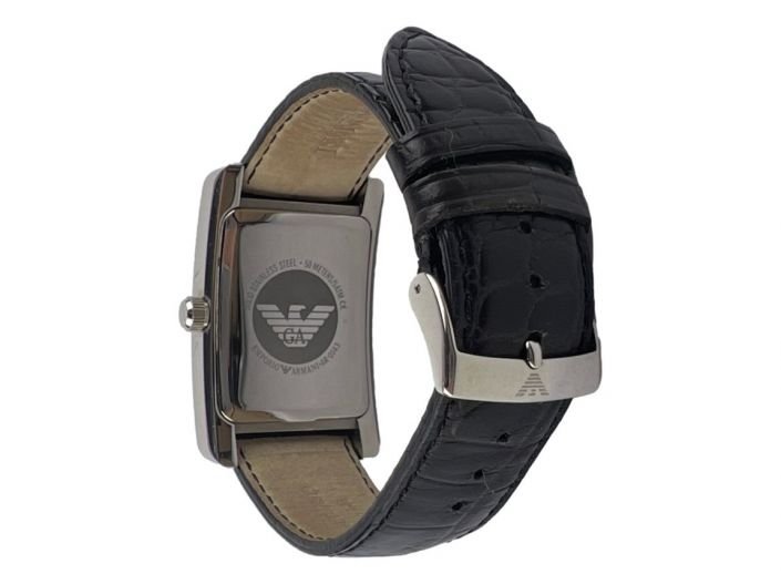 Emporio Armani AR0143 watch caseback and black leather strap with logo