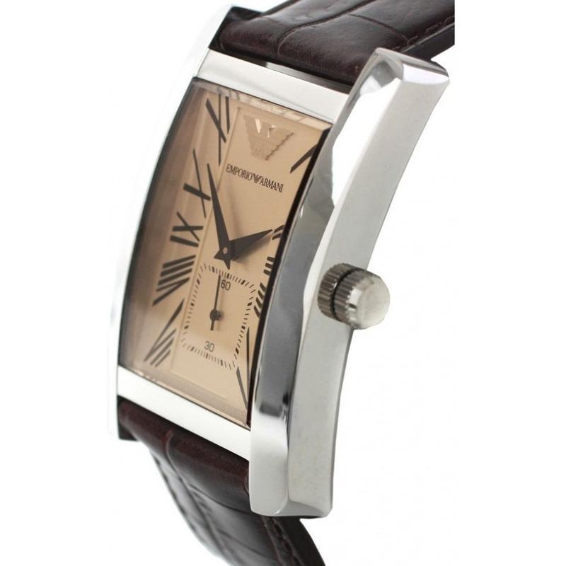 Side angle view of Emporio Armani AR0154 showing cream dial, black hands, and brown crocodile-textured leather strap
