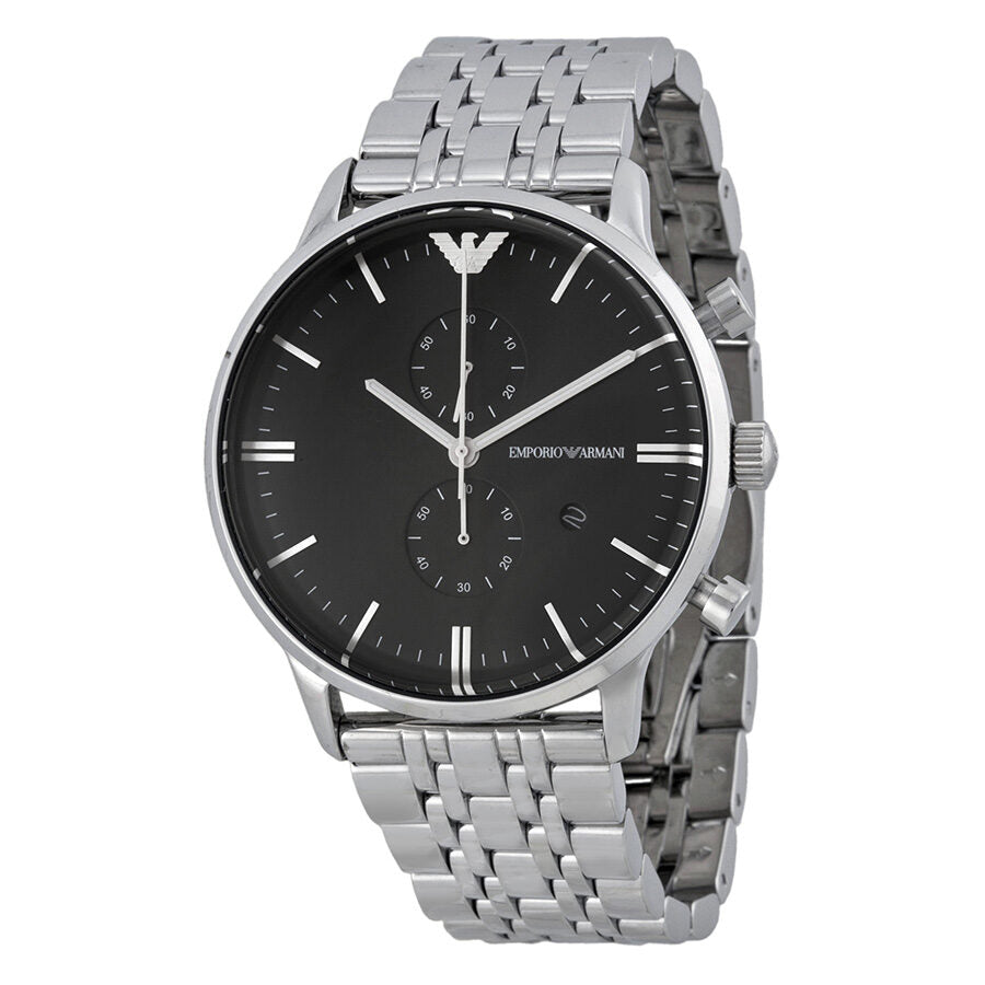 Emporio Armani AR0389 chronograph watch with black dial and stainless steel bracelet, front view