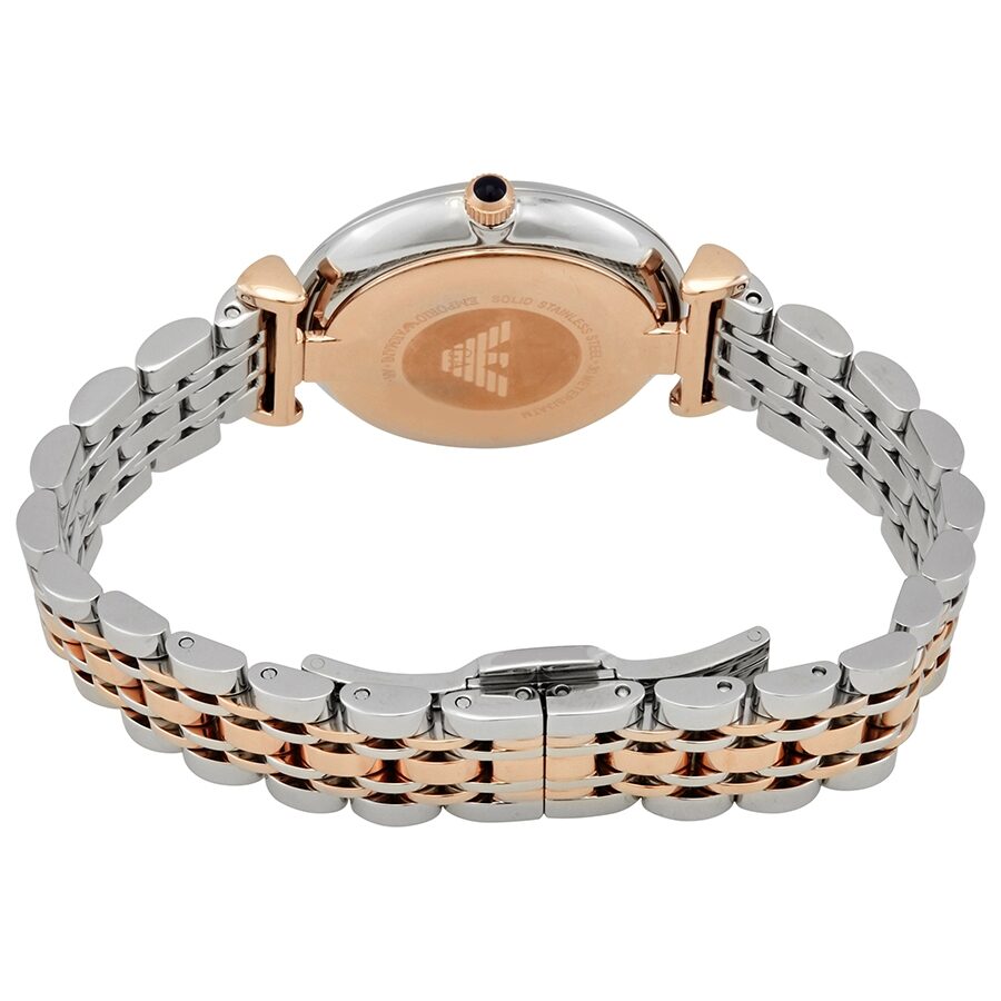 Emporio Armani AR11092 case back showing stainless steel with rose gold accents and bracelet detail