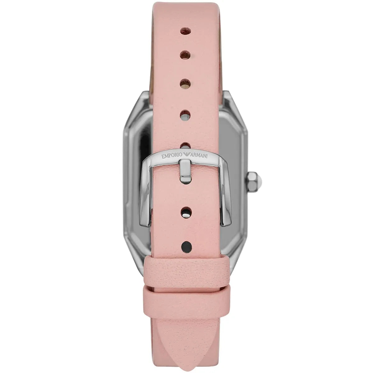 Close-up of pink genuine leather strap on AR11207 with adjustment holes and buckle