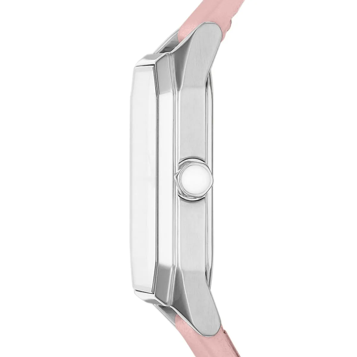 Side profile of AR11207 watch case with pink leather strap