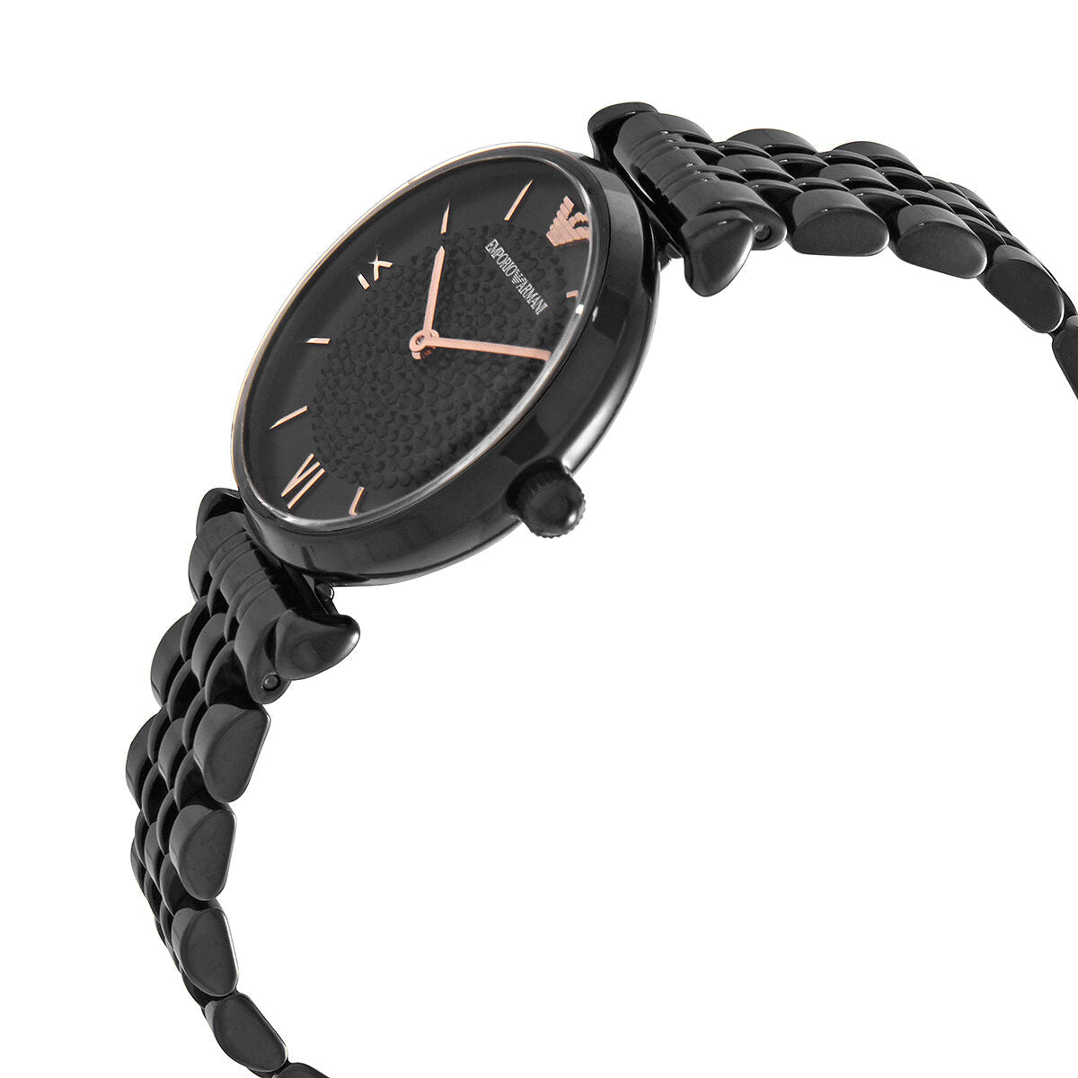 Side angle view of Emporio Armani AR11245 with black dial and textured surface