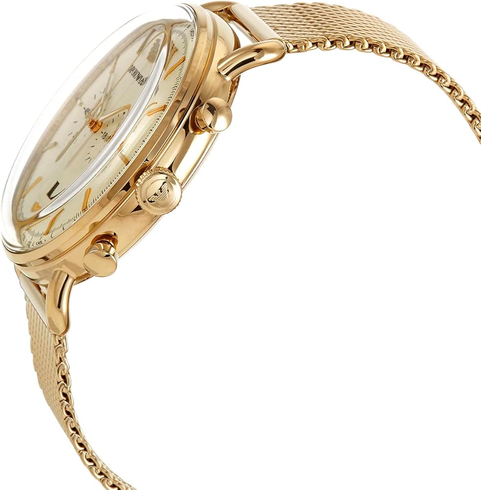 Side angle view of gold chronograph watch with cream dial and mesh bracelet