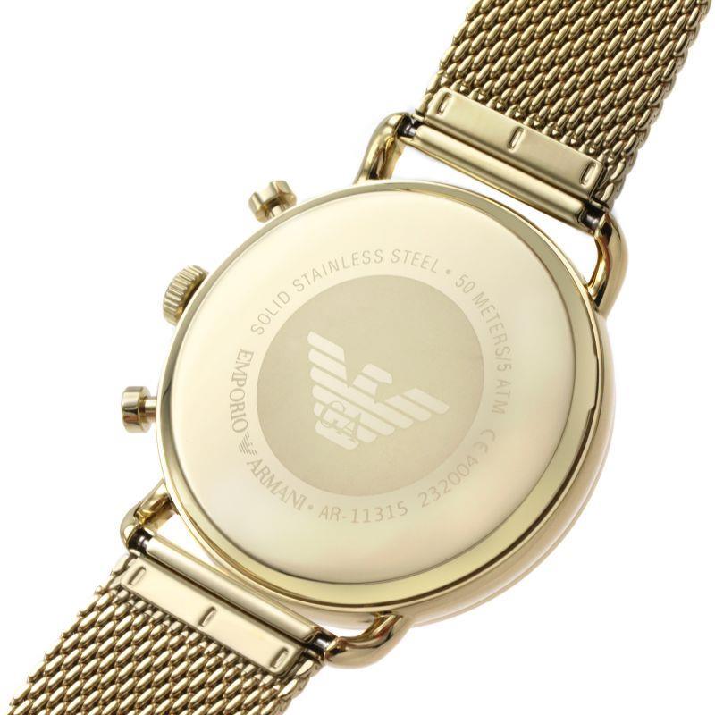 Caseback of Emporio Armani AR11315 showing Emporio Armani eagle logo and specifications