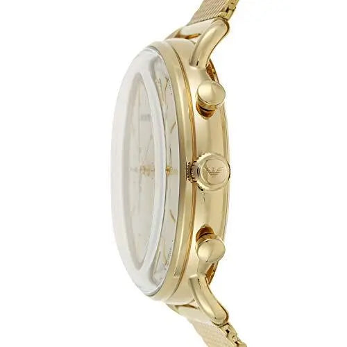 Side profile of Emporio Armani gold aviator chronograph watch showing case depth