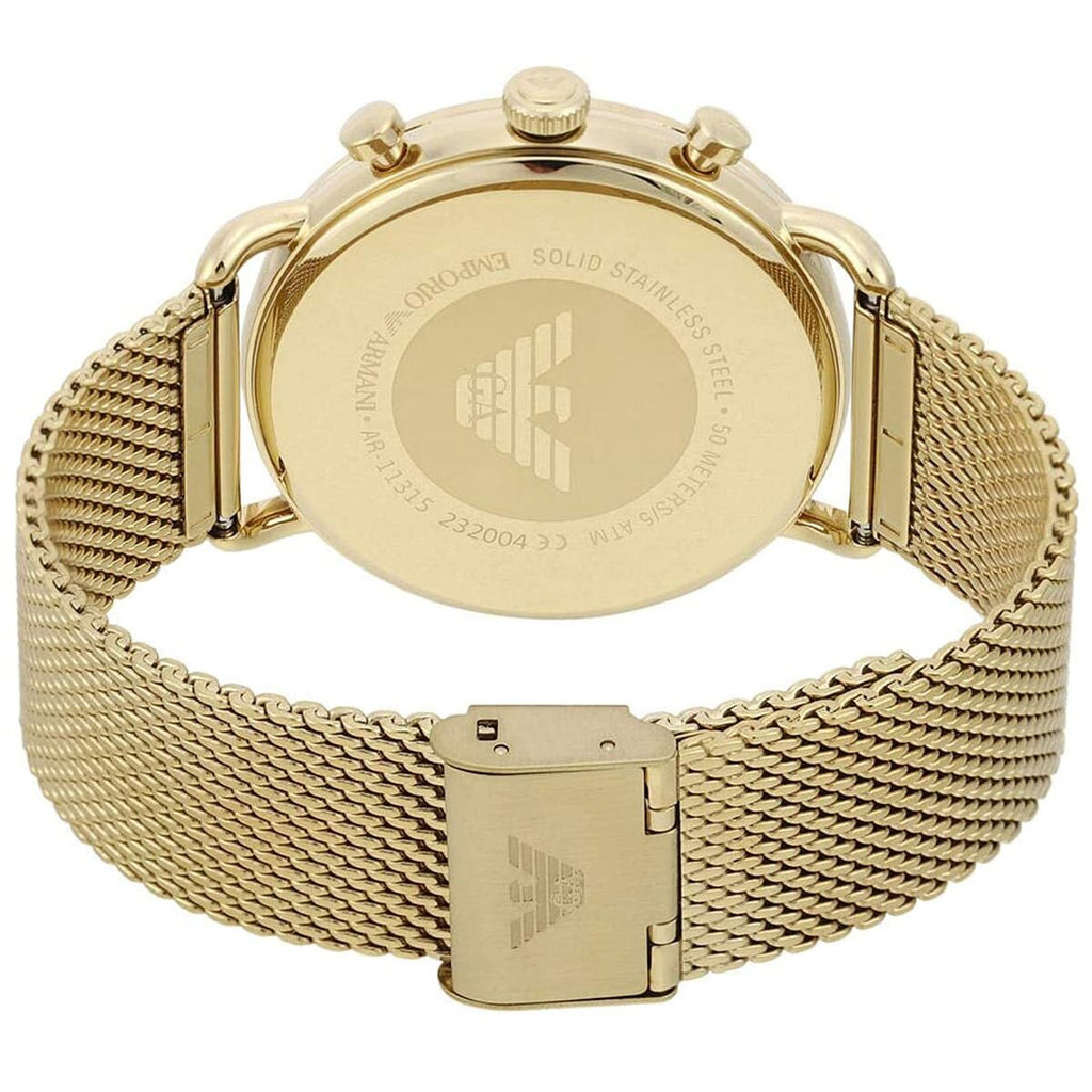 Back view of gold mesh strap and caseback with Emporio Armani eagle emblem