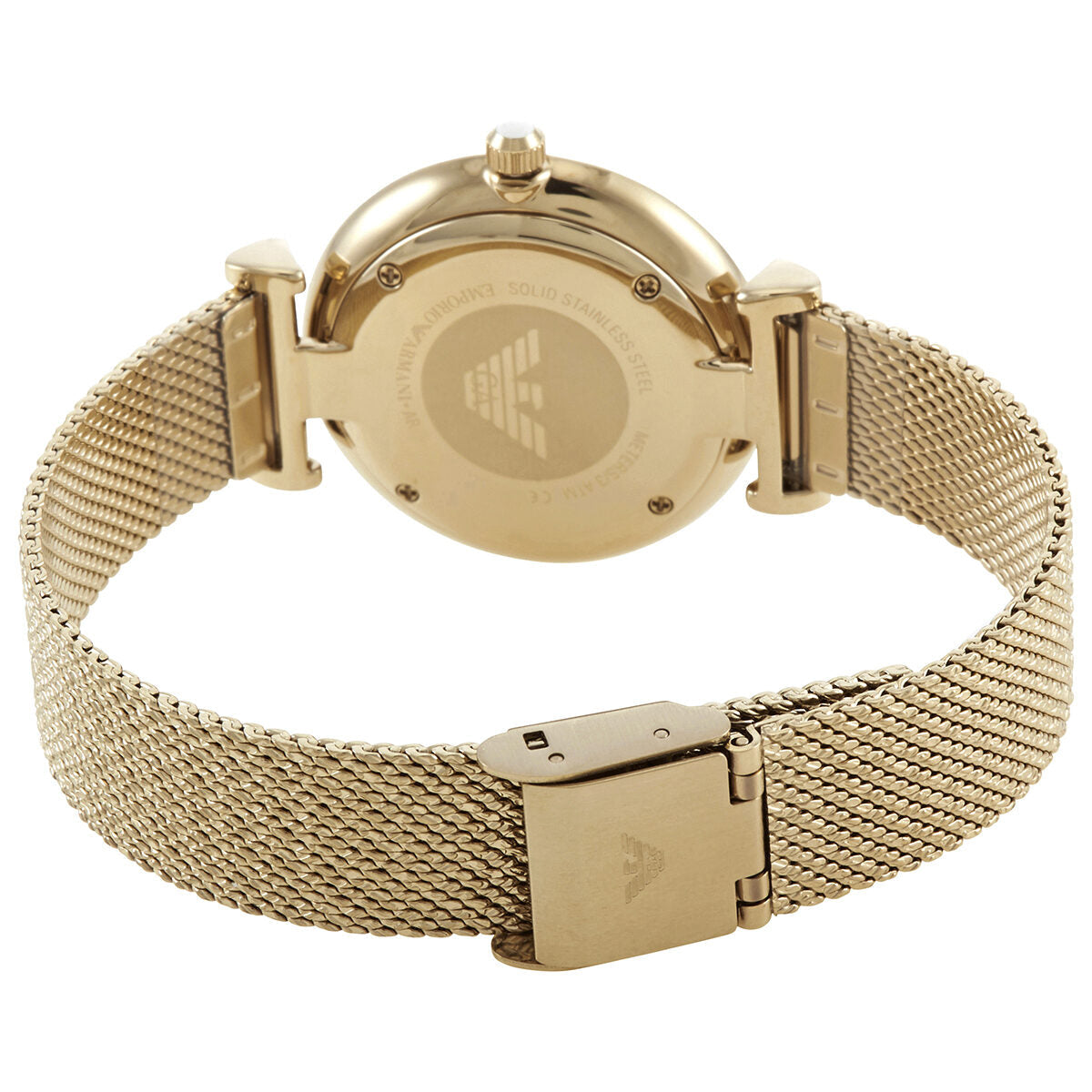 Caseback of Emporio Armani AR11321 showing gold-tone case and mesh bracelet