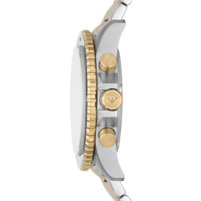 Emporio Armani AR11361 side view showing chronograph subdials and two-tone bracelet