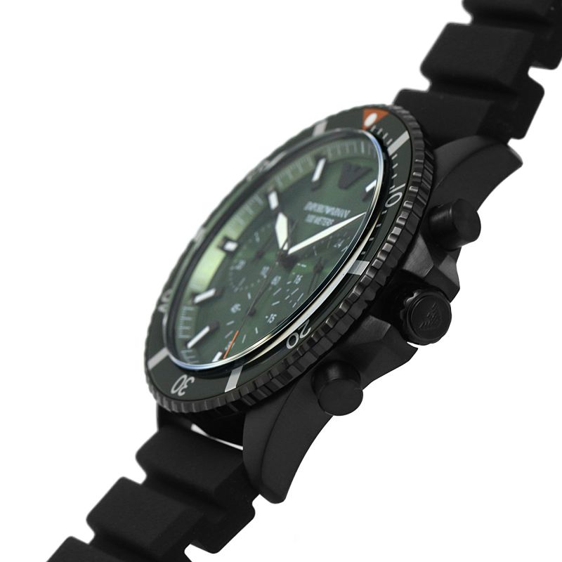 Angled view of Emporio Armani chronograph watch showing green dial and black silicone band