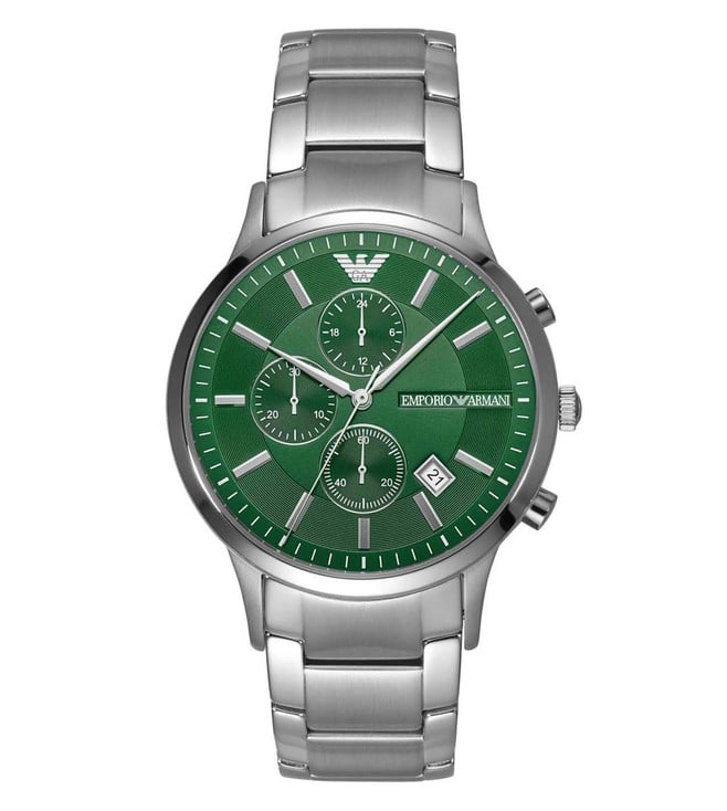 Emporio Armani chronograph watch with green dial and stainless steel bracelet