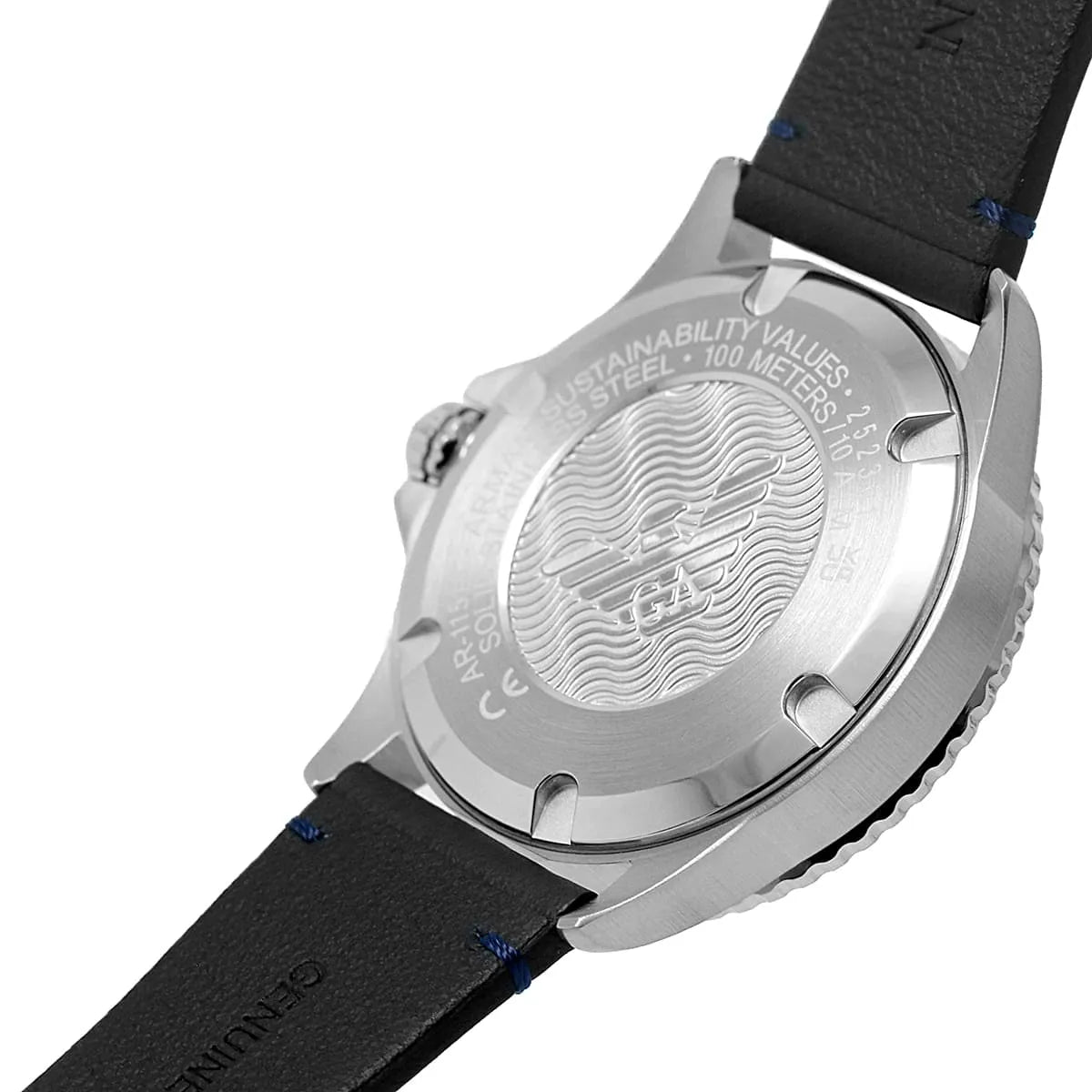 Emporio Armani AR11516 black leather strap with metal buckle and blue stitching detail