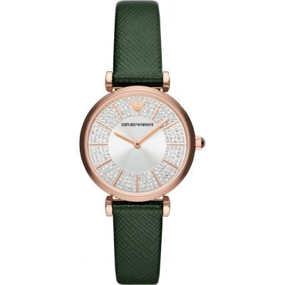 Emporio Armani AR11517 rose gold watch with crystal-studded dial and green leather strap