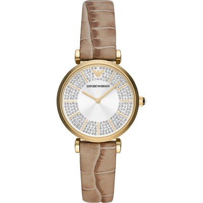 Emporio Armani Gianni T-Bar watch with pave dial and brown leather strap