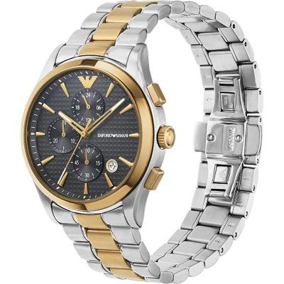 AR11527 watch at angle showing two-tone bracelet and chronograph subdials on dark face