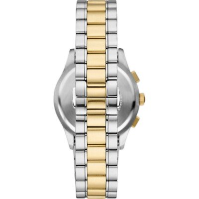 Caseback view of AR11527 showing two-tone bracelet with steel and gold links