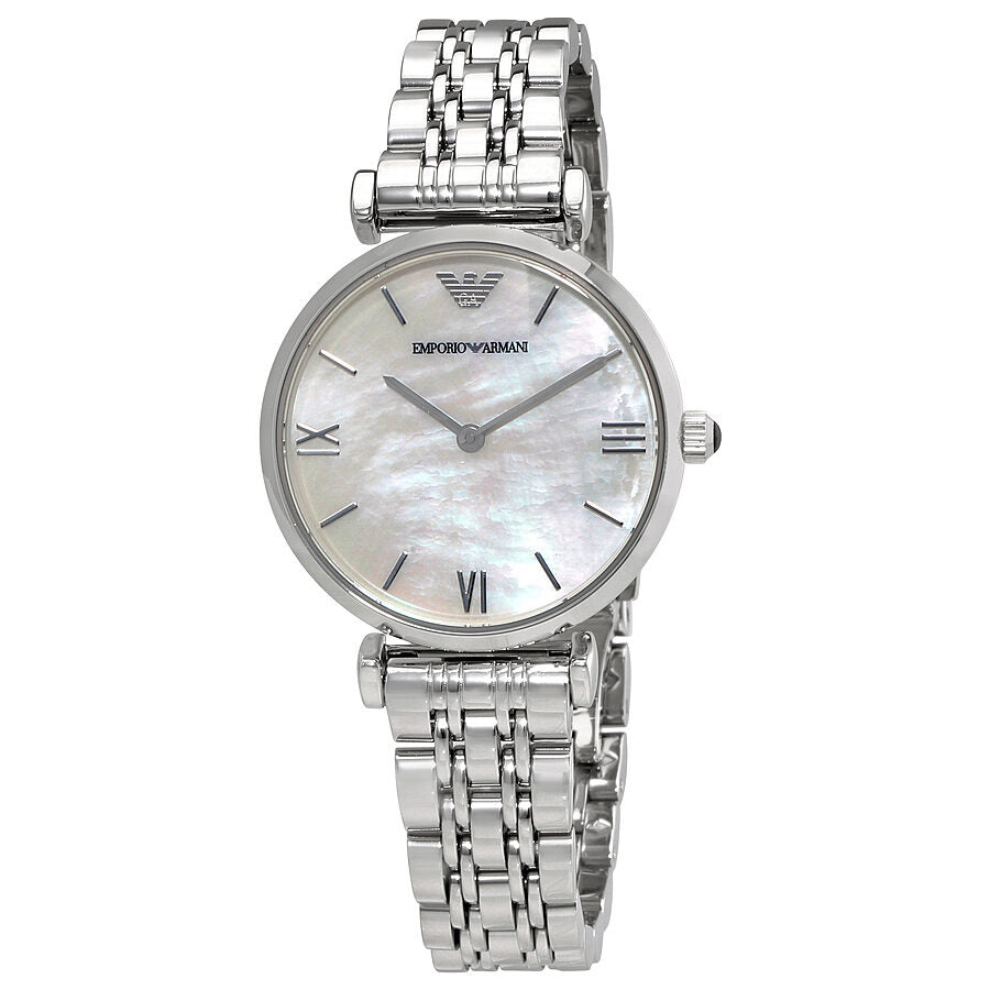 Emporio Armani Classic AR1682 silver watch with white mother-of-pearl dial and Roman numerals