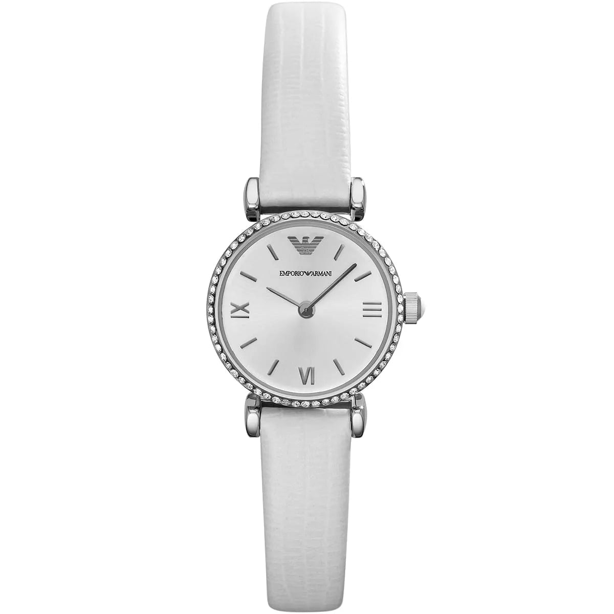 Emporio Armani Gianni T-Bar mini silver women's watch with white leather strap and crystal bezel