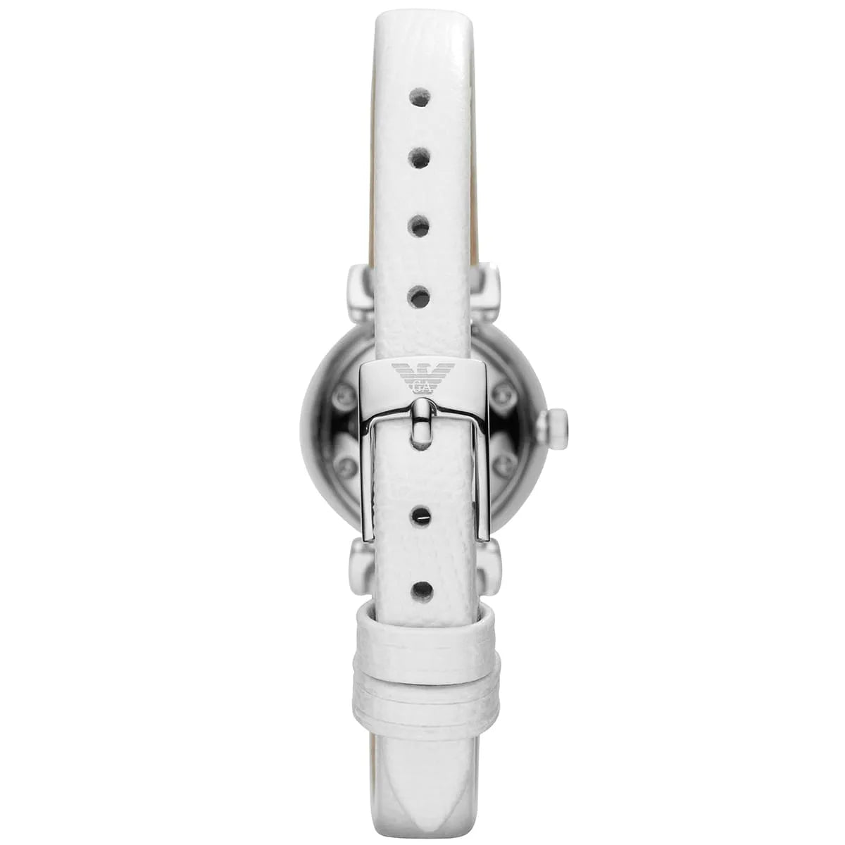 Emporio Armani Gianni T-Bar mini watch side view showing case profile and white leather strap