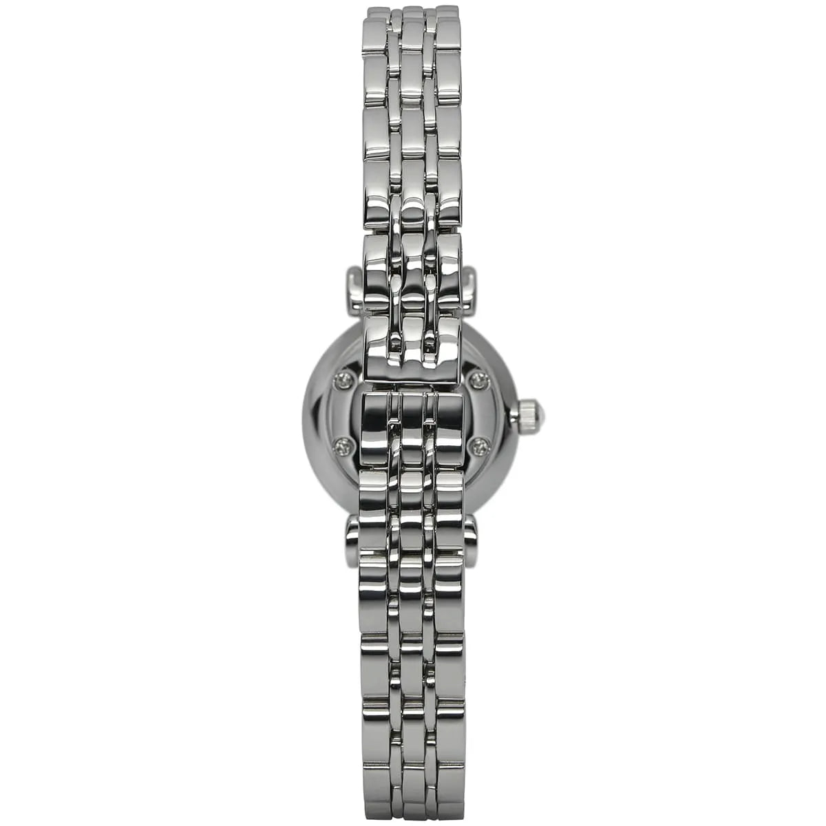Emporio Armani Gianni T-Bar Mini watch at angle displaying stainless steel bracelet