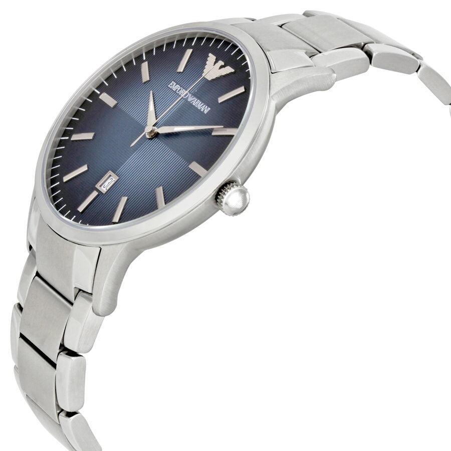 Emporio Armani AR2472 watch worn at angle showing blue dial and stainless steel band