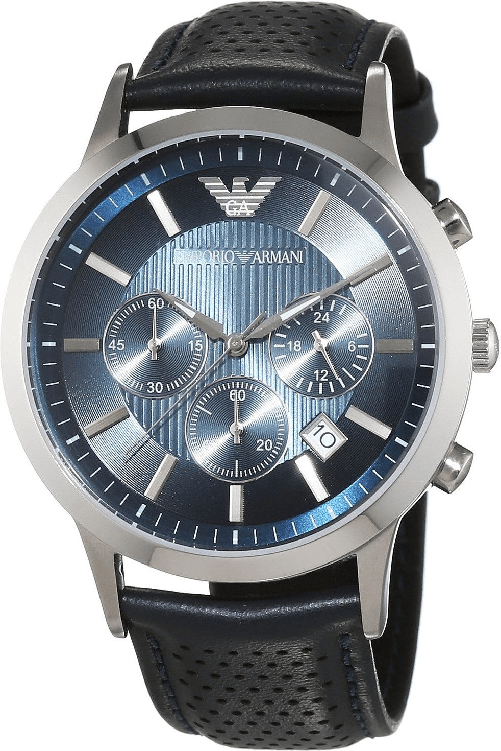Emporio Armani AR2473 three-dial chronograph watch on black perforated leather strap, angled view