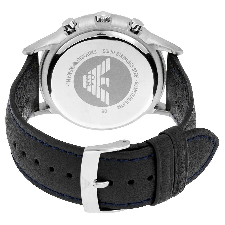 Emporio Armani AR2473 caseback showing stainless steel with eagle logo and watch specifications
