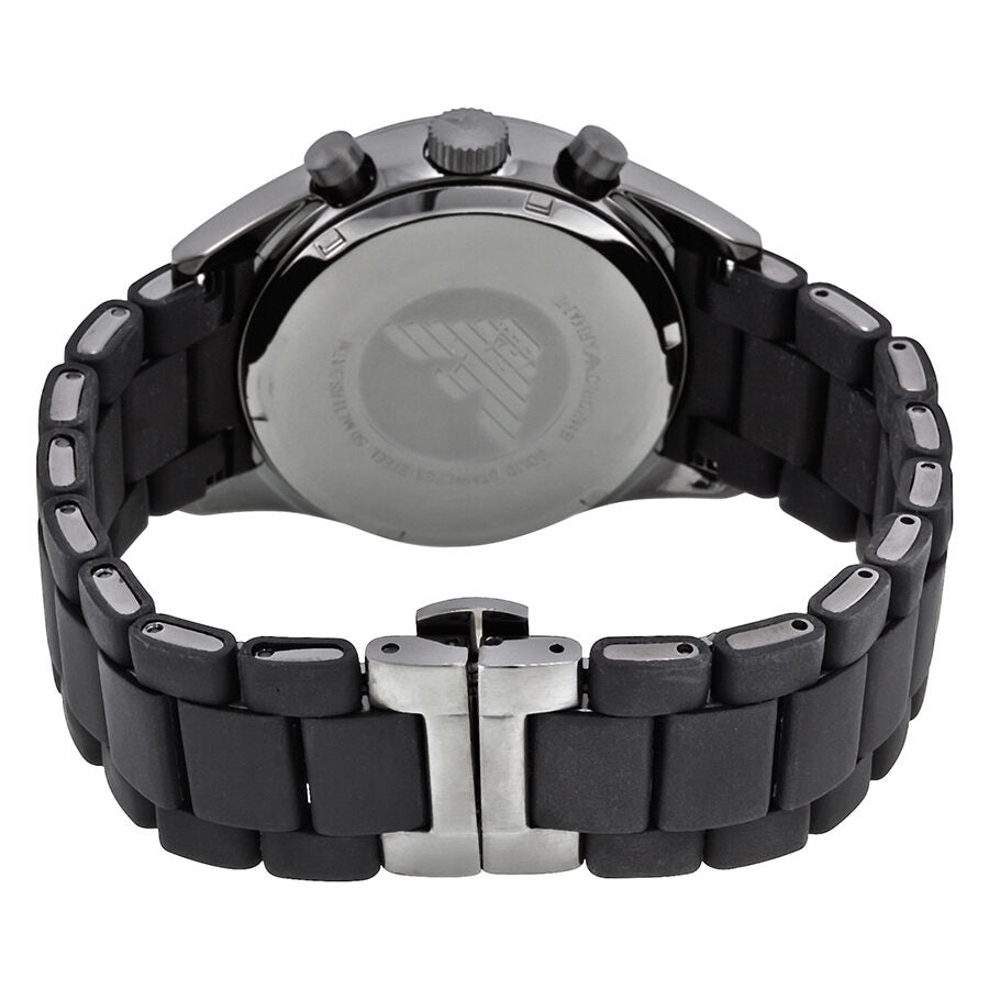 Emporio Armani AR5889 Sport Chronograph caseback showing stainless steel case back and black rubber strap
