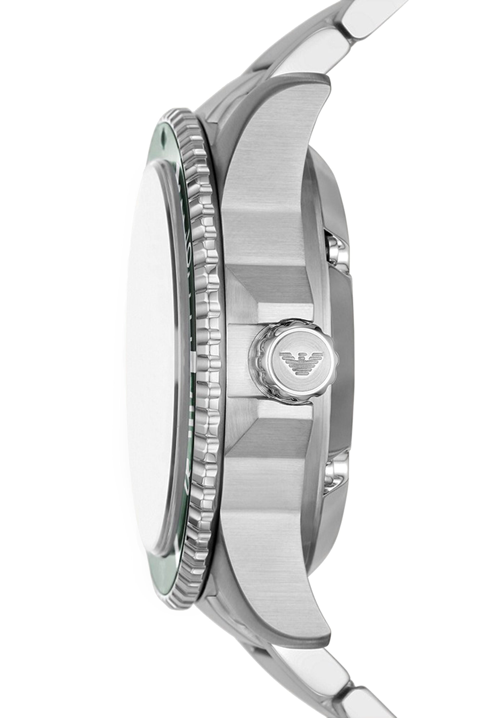Side profile of Emporio Armani AR60061 showing case thickness, crown, and silver bracelet
