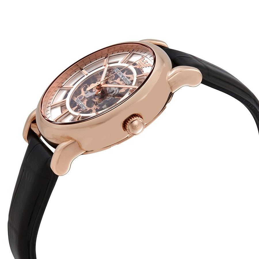 Side angle view of rose gold automatic watch showing skeleton dial with visible mechanical movement