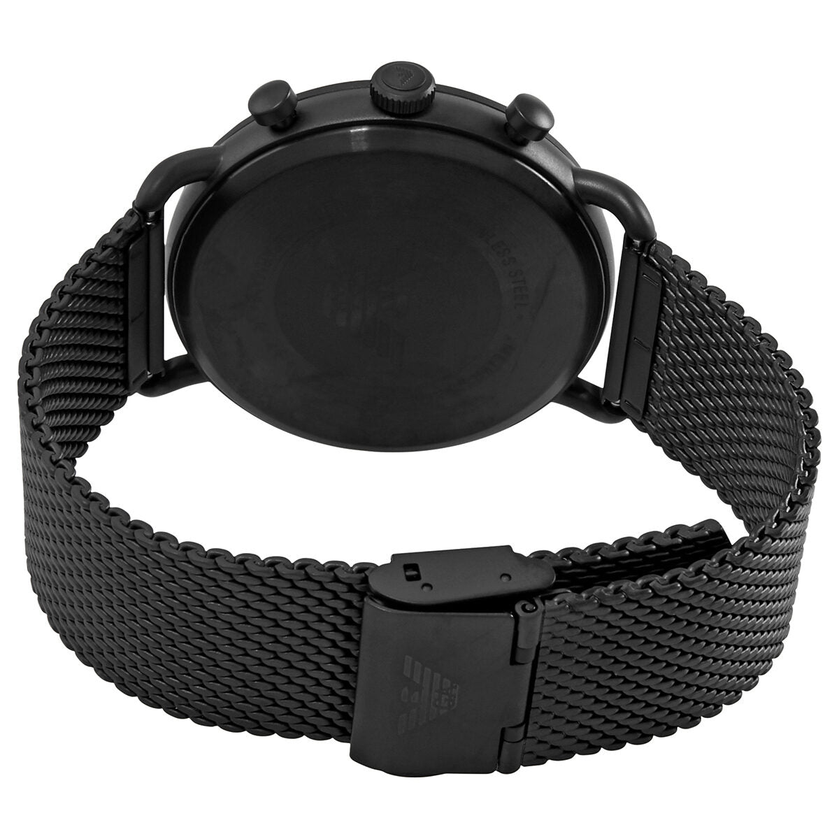 Back view of Emporio Armani Aviator watch showing caseback and black mesh bracelet with fold clasp