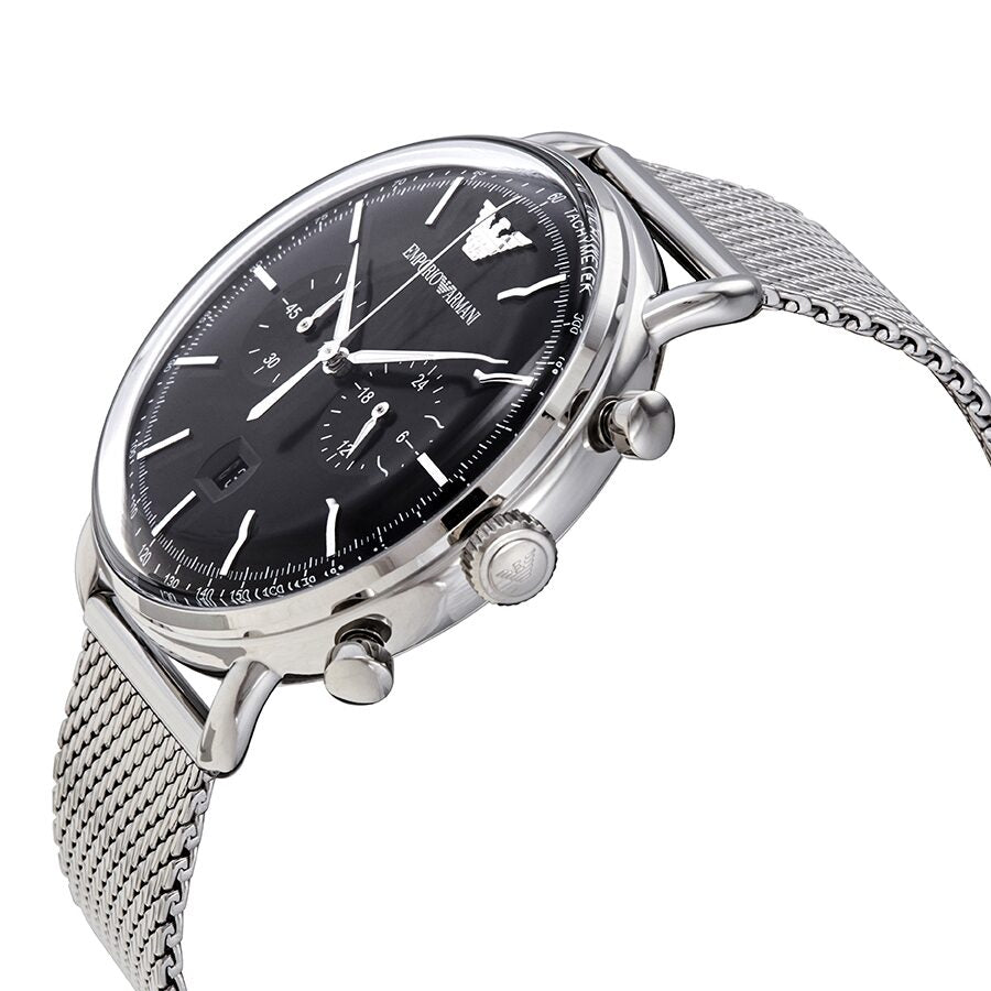 Emporio Armani Aviator Chronograph Black Dial Silver Mesh Men's Watch - AR11104