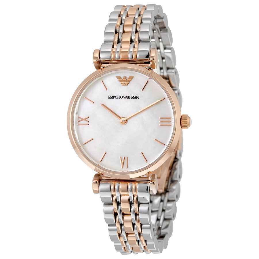 Emporio Armani Classic ladies watch with mother of pearl dial, rose gold and silver two-tone bracelet, Roman numeral markers