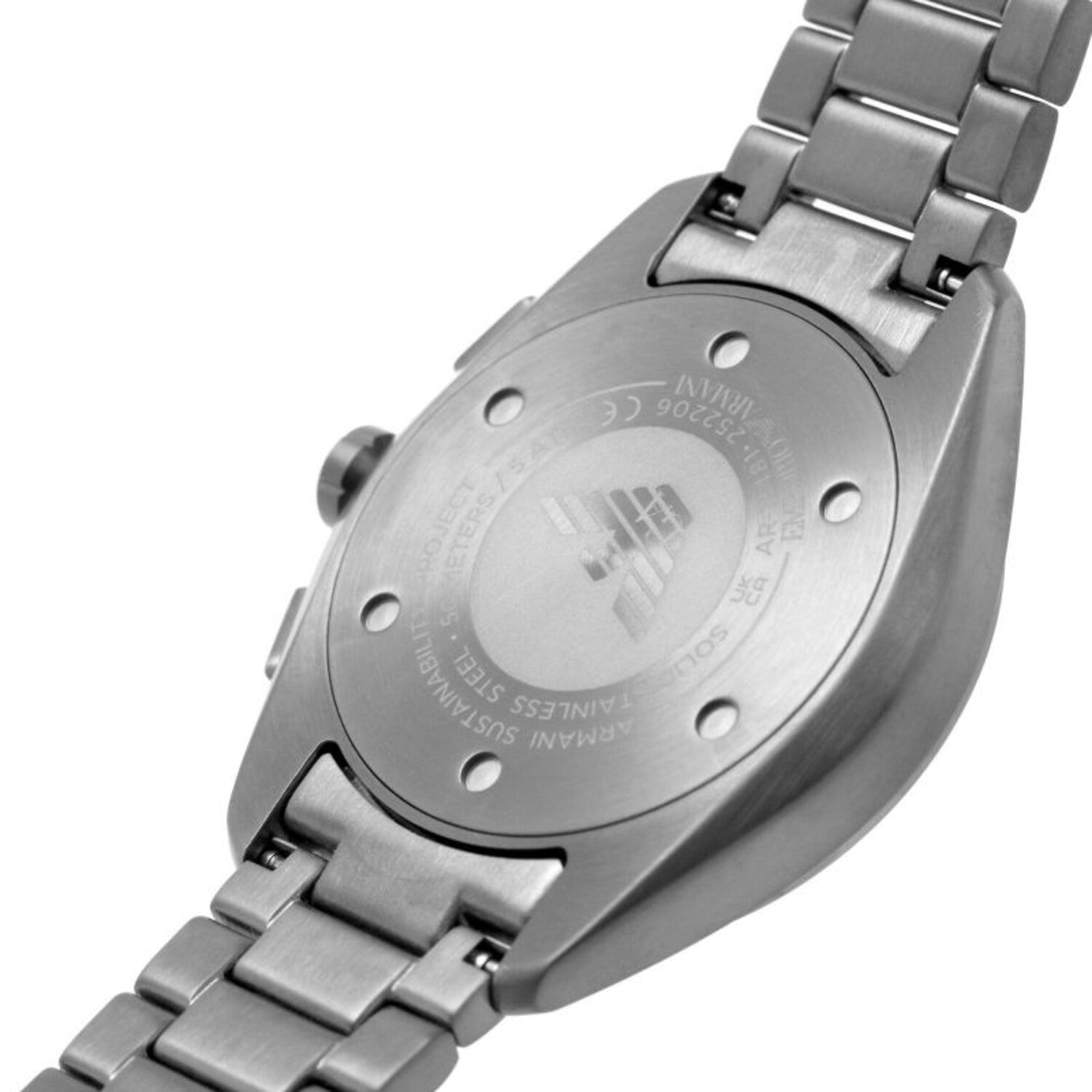 Emporio Armani case back with engraved branding and warranty information