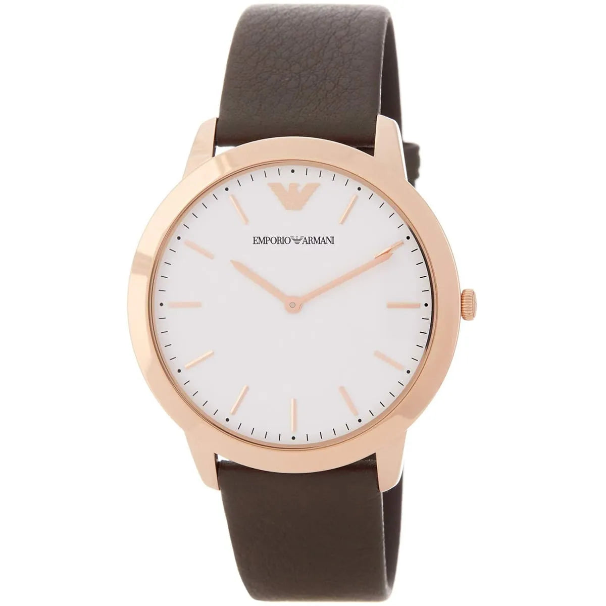 Emporio Armani Dino Slim AR1748 watch angled view showing rose gold case and dark leather strap