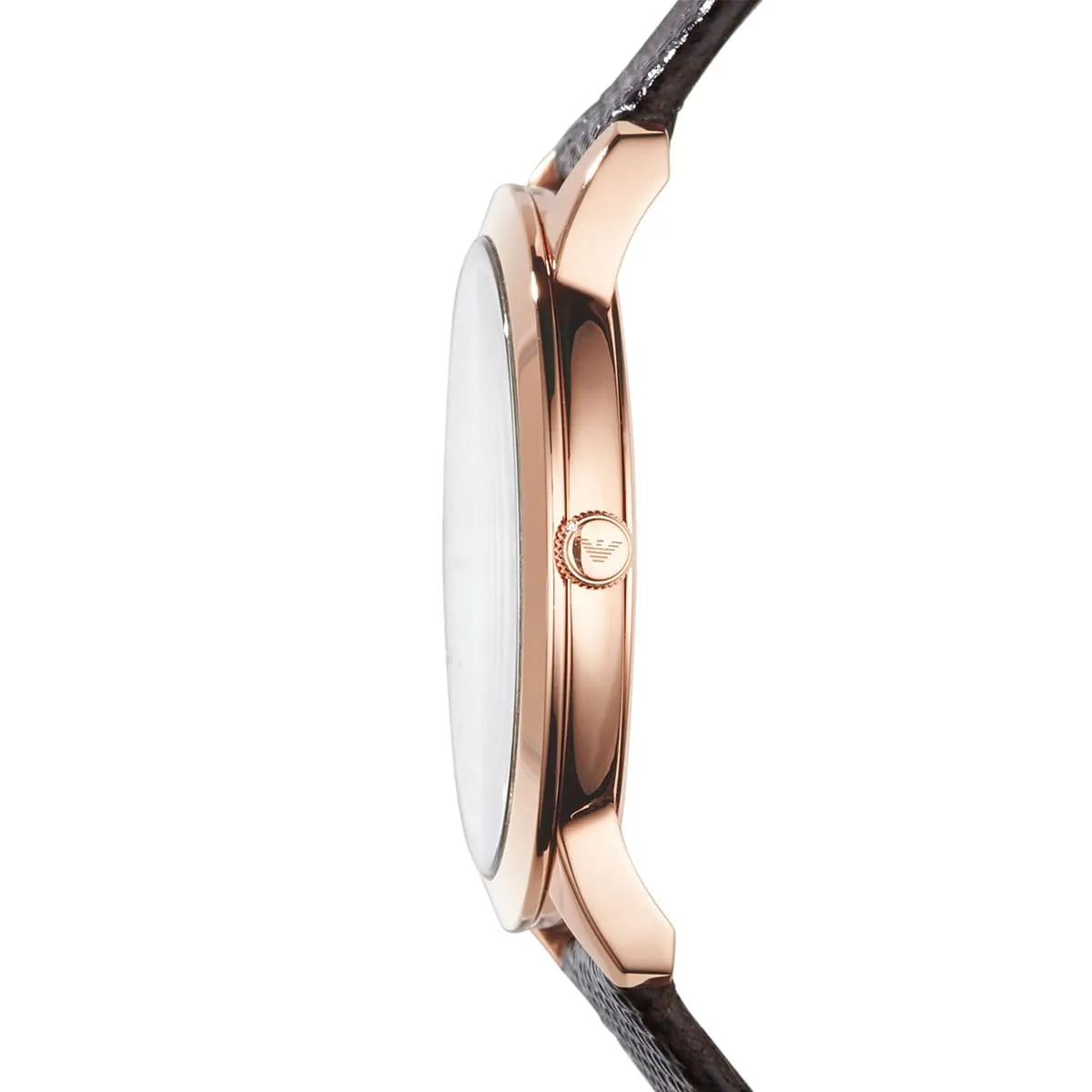 Emporio Armani Dino Slim AR1748 side profile showing rose gold case thickness and Emporio Armani eagle logo