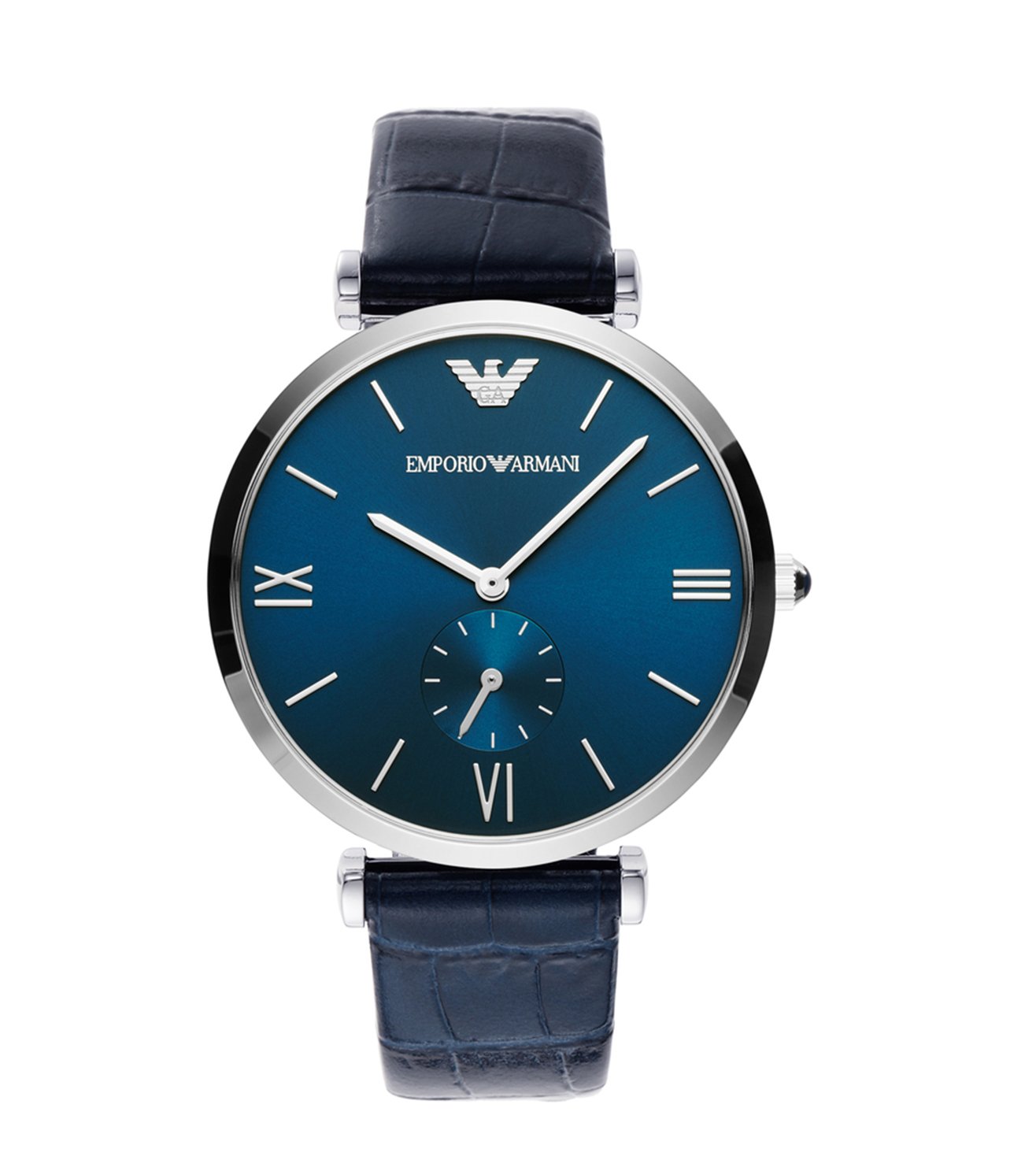 Emporio Armani Gianni AR11300 watch at angle showing navy blue dial with silver case and navy leather strap