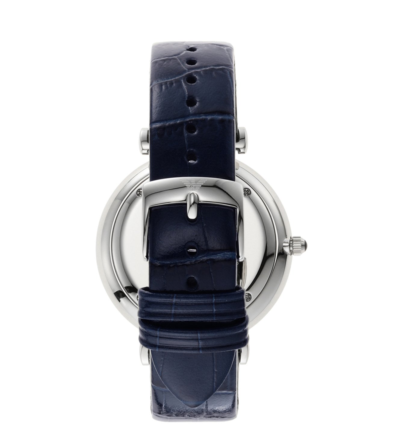 Caseback view of Emporio Armani Gianni AR11300 showing silver case with Emporio Armani emblem