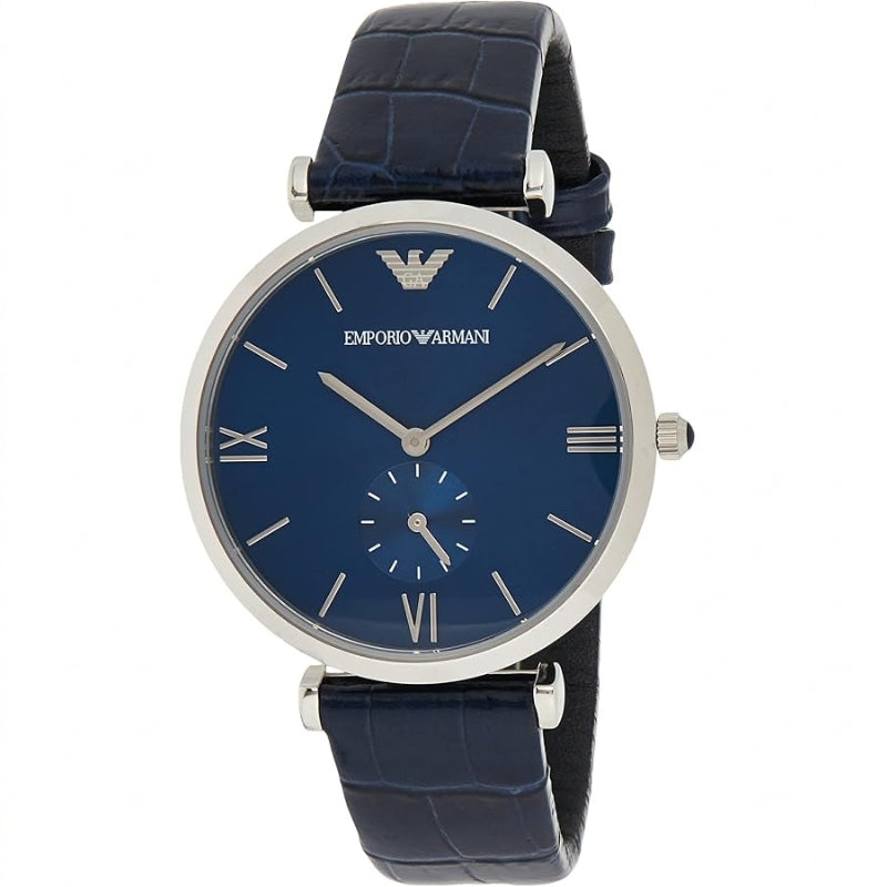 Emporio Armani Gianni AR11300 men's watch with navy blue dial and Roman numerals on navy leather strap