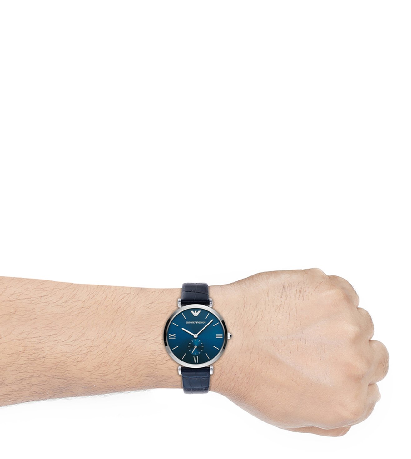 Emporio Armani Gianni AR11300 men's watch worn on wrist showing navy dial and leather strap