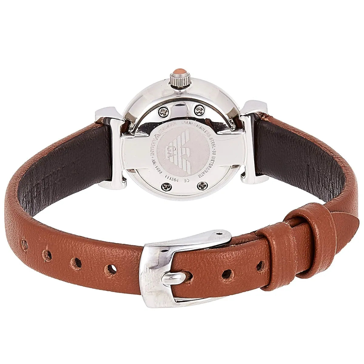 Caseback of Emporio Armani Gianni mini watch showing silver engraved case with Emporio Armani branding