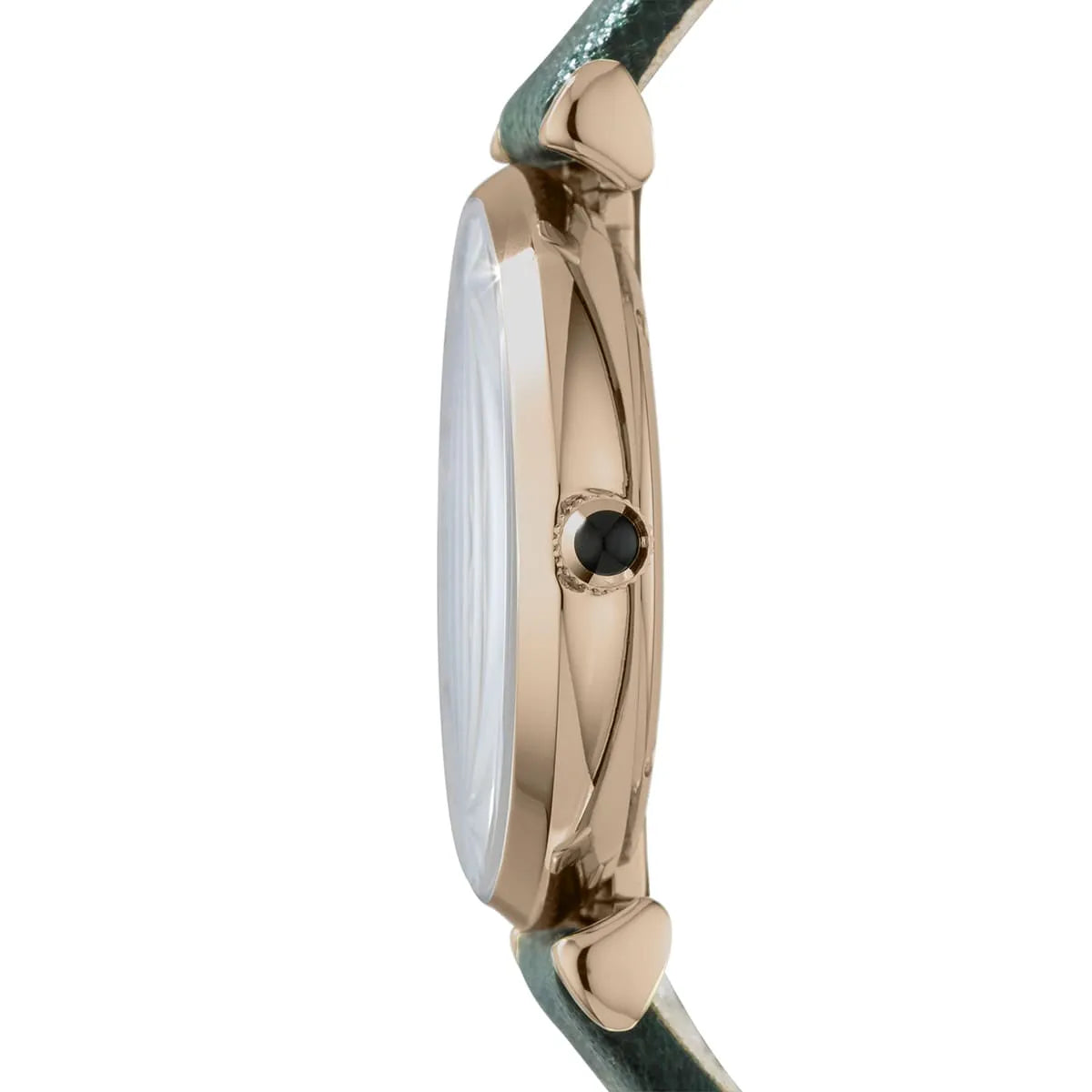 Side profile of Emporio Armani Gianni AR1726 showing thin gold case with green leather strap