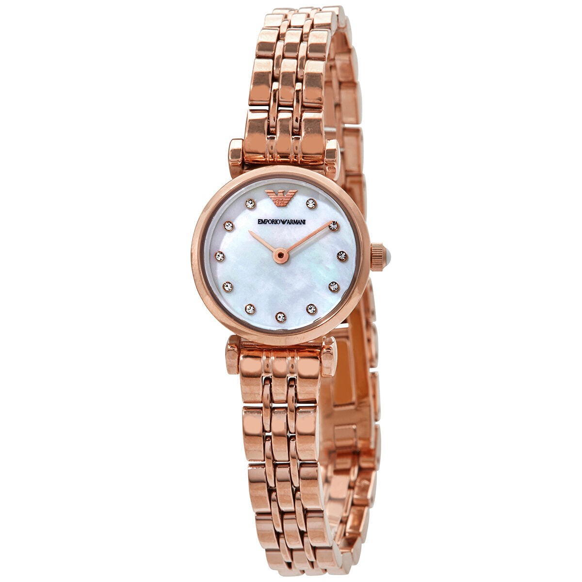 Emporio Armani Gianni T-Bar rose gold ladies watch with white crystal dial and purple crystal markers