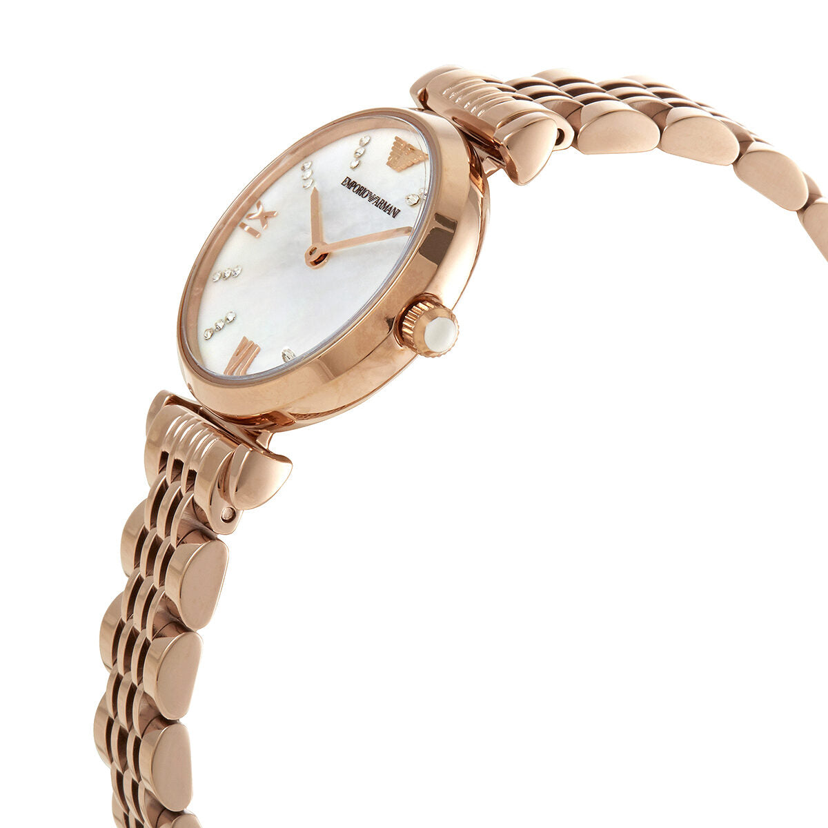 Emporio Armani Gianni T-Bar rose gold watch at angle showing case profile and bracelet