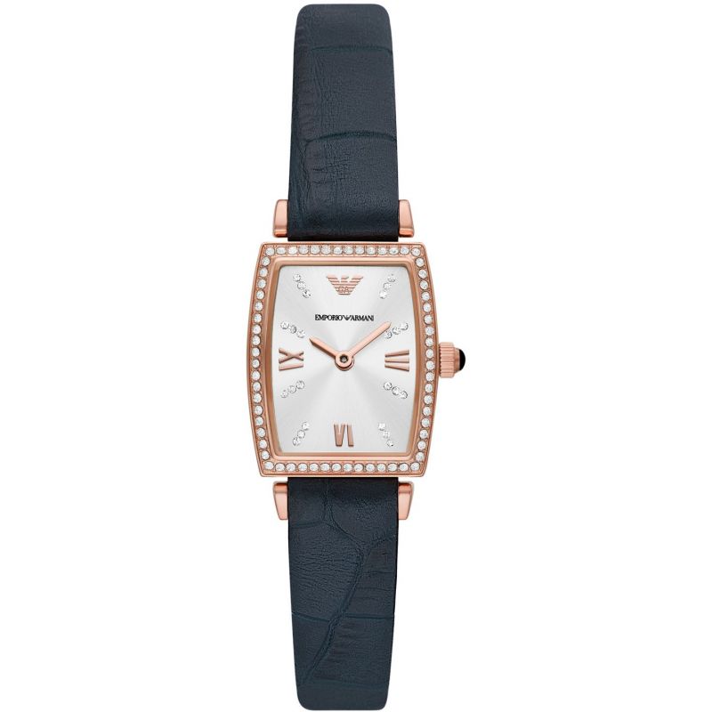 Emporio Armani Gianni T-Bar women's watch with rose gold case, diamond-set bezel, white dial, and navy leather strap