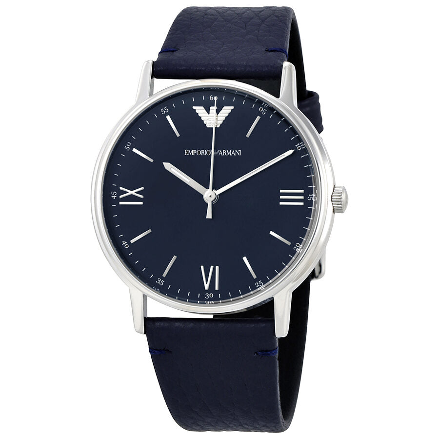 Emporio Armani Kappa quartz watch with blue dial, Roman numeral markers, and navy leather strap
