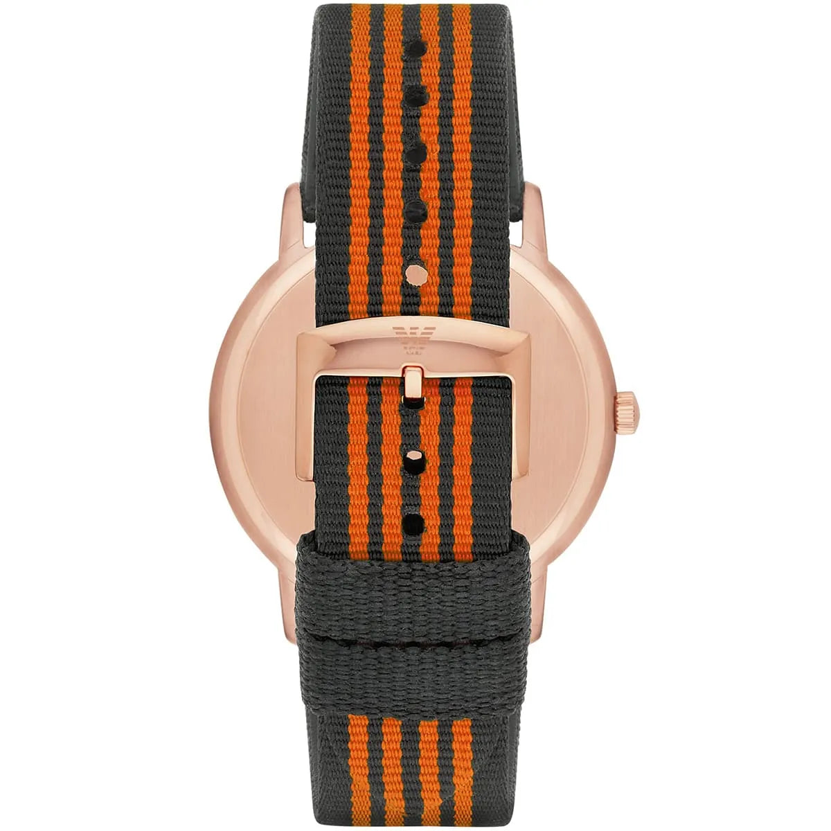 Caseback view of Emporio Armani Kappa AR11014 watch showing rose gold case and striped strap
