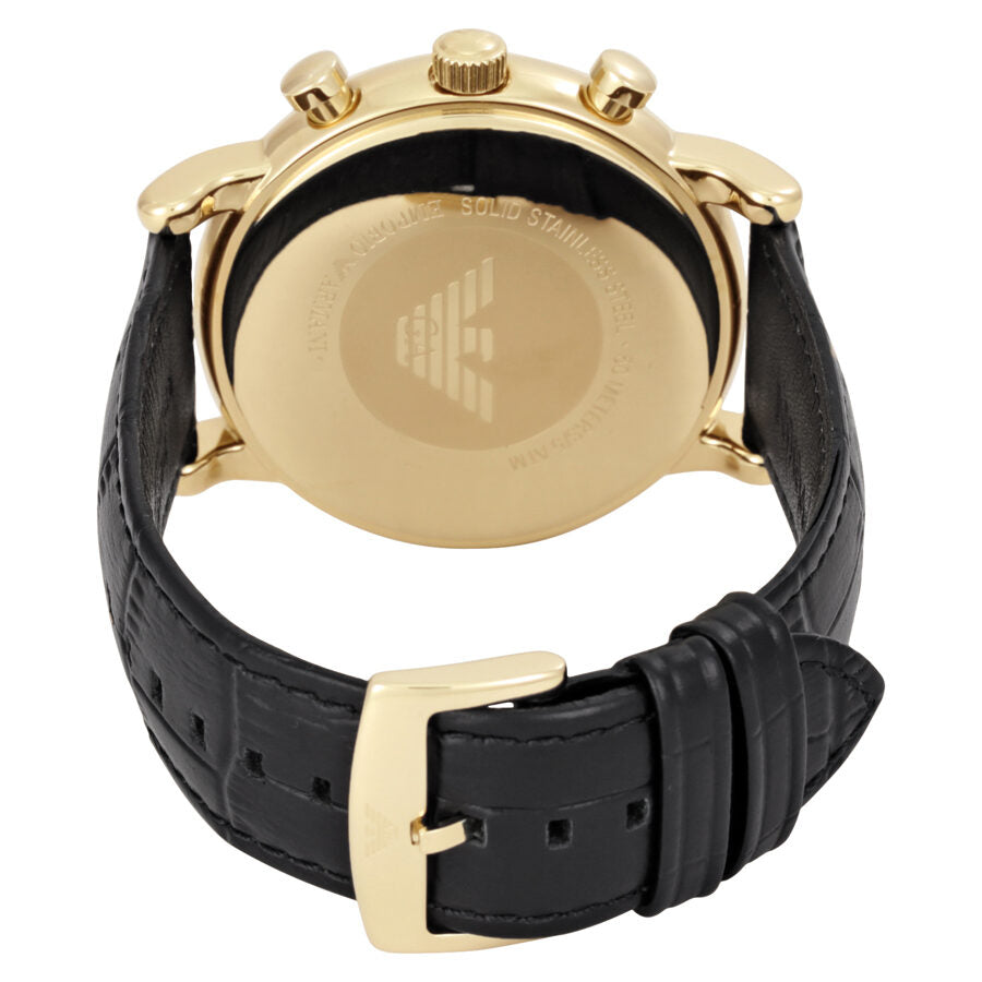 Caseback of Luigi chronograph with Emporio Armani eagle logo and black strap